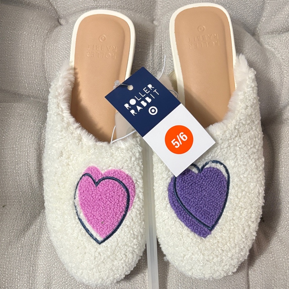 Roller Rabbit Women’s White Sherpa Heart Slip-On Slippers (Pink & Purple)